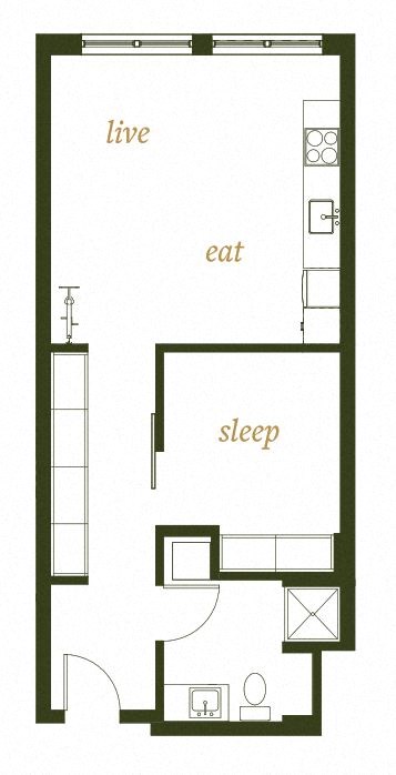 Floor plan for 1 bed, 1 bath, 596 sqft